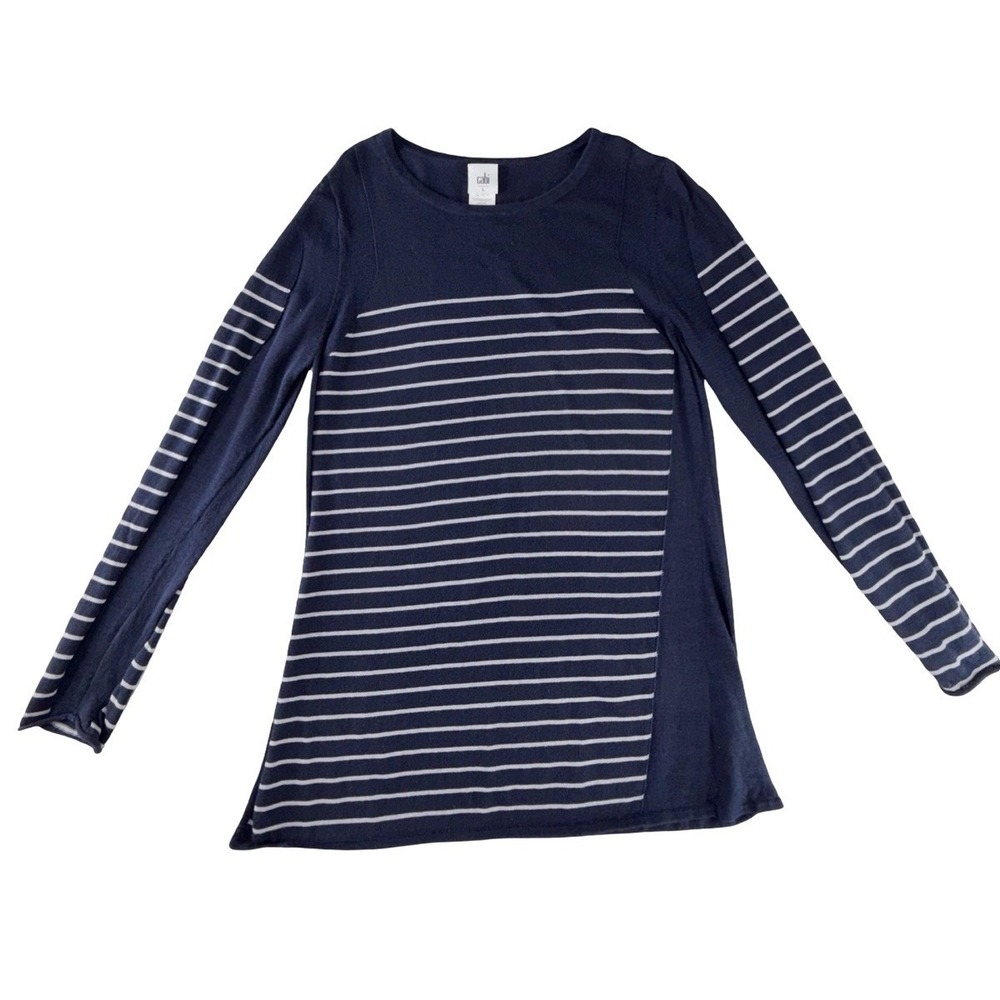 Cabi Navy Blue Striped Knit Long Sleeve Top Women's Large Soft Sheer Casual